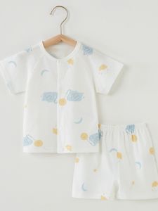 Baby Summer Separates Suit Pure Cotton Mesh Split Button Clothes Mens and Womens Baby Thin Two-piece Set Homewear