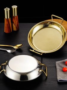 Stainless Steel Hotel Double Ear Flat Bottom Pan Non-Stick Dry Pot for Home Restaurant Hot Pot Alcohol Stove Cassette Stove Universal