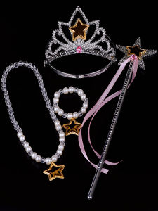 Princess Pearl Necklace Set with Bracelet Baby Toy Jewelry Star Fairy Wand Crown for Children Birthday Baby Girl Accessories
