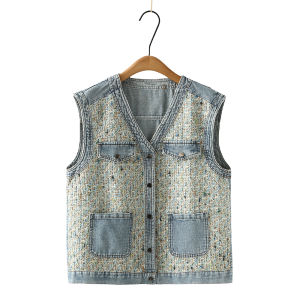 ชุดผู้หญิงแบบใหม่สไตล์เกาหลีสำหรับฤดูใบไม้ผลิและฤดูใบไม้ร่วงเสื้อกั๊กผ้ายีนส์เย็บติดกันสไตล์ชาแนลเสื้อกั๊กไซส์ใหญ่แฟชั่นย้อนยุคสำหรับสาวอวบ