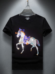 Youthful Mens Short Sleeve T-Shirt with Hotfix Rhinestones And Geometric Pattern Korean Style round Neck Casual Summer Top