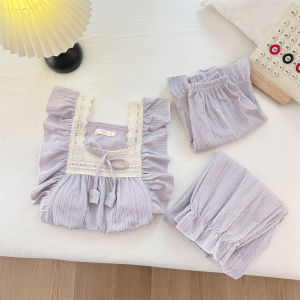 Purple Strapless Vest Top Cotton Sleepwear Womens Summer Home Clothes Integrated Sleeve Design with Chest Pad Three-Piece Set