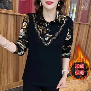 Womens Fleece Lined Thickened Loose Base Shirt Fake Two-Piece Long Sleeve Printed Patchwork Diamond Embellished Winter Top