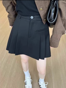 Black Suiting Material Pleated Skirt Womens Spring Summer High Waist A-Line Mini Skirt Slimming Versatile Skirts