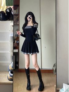 Elegant Early Autumn One-Shoulder Date Dress Womens Waist-Cinching Midi Skirt Long Sleeve H-Shape A-Line Dress