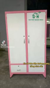 TỦ SẮT TĨNH ĐIỆN 2 CÁNH KHÔNG GƯƠNG TREO ÁO QUẦN MÀU HỒNG XINH XẮN