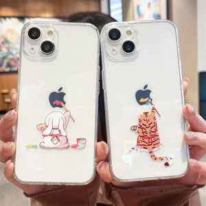 Cute Couple Tiger Rabbit Creative Cartoon Soft Silicone Protective Phone Case for iPhone 14 13 pro Max 15 11 12 16 Transparent Anti-Fall