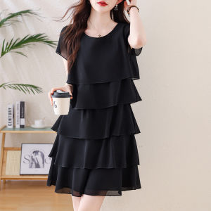 plus Size Womens Midi Length T-Shirt Dress Korean Style Summer Cake Skirt Fly Sleeve Belly Covering Chiffon Dress