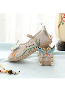 รองเท้าเด็กผู้หญิงสไตล์ฮันฟูปักลายพื้นนุ่ม รองเท้าเด็กสไตล์โบราณ พื้นผ้าถัก พื้นยาง รองเท้าเด็กที่สวมใส่สบาย
