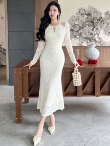 French Style Long Lace Dress Slimming Base Layer Skirt High Waist Polyester Fabric Full Sleeve City Commute Suitable A-Line Skirt