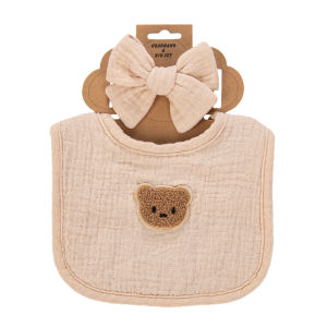 2Pcs/Set Big Bow Muslin Cotton Nylon Hairbands Gauze Baby Bibs Cute Bear Towel Saliva Newborn Feeding Burp Colths Kids Headwear