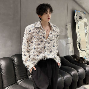 Butterfly Trim Shoulder Pad Shirt Mens Spring Autumn Long Sleeve Small Fragrance Style Jacket High End American Retro Shirt