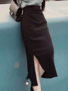 Elegant High Waist Black Asymmetrical Design Half-length Skirt Womens Commute Style Autumn New Arrival Bodycon Midi Dress