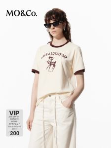 MO&Co. | Fun Deer Print Retro Color Block Cotton T-shirt for Women
