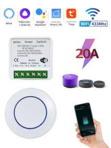 Tuya WiFi Smart Switch 20A/16A 100-240V RF433Mhz Wireless Relay Receiver Mini Round Panel Switch App Voice Control For Led Light