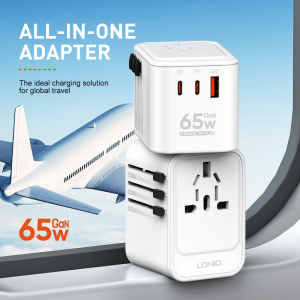 LDNIO 65W GaN Universal Travel Adapter Chargers with Type C 3 USB Charging Ports for Laptop Macbook iPhone 15 14 iPad Tablet Samsung