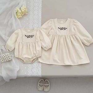 Autumn Spring Toddler Girls Retro Dress Cotton Dress Loose Long Sleeve Embroidery Babys Girl Sweet Dress Spliced Children Girls