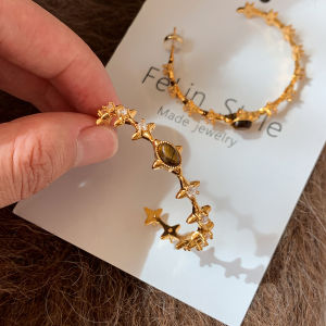 925 Sterling Silver Tiger Eye Stone Diamond Embedded Four-Pointed Star Women's Hoops Earrings Luxury Vintage Oversize Ear Jewelry