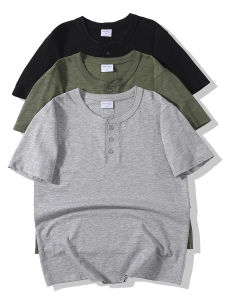 American Style Heavy Weight 260G Henley Shirt Mens and Womens Short-Sleeved Summer Slub Cotton White Base Shirt Hard Han Style Easiest for Match T-shirt