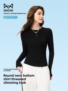 MiiOW | Slim Fit Long Sleeve Round Neck T-Shirt Women Summer New Style Base Layer Shirt Fashionable Casual Top Cat Woman Shoulder Length