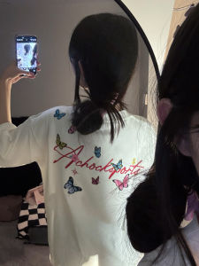 Áo Thun Tay Ngắn Thêu Chữ Butterfly American High Street Cotton Nguyên Chất Mùa Hè Dáng Rộng Thời Trang Cho Cặp Đôi Thương Hiệu Quần Áo