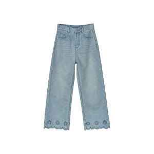 Light Blue Lace Tencel High Waist Flared Cropped Jeans