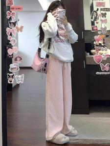 กางเกงขายาวทรงหลวมเอวสูงสีชมพูสำหรับผู้หญิง กางเกงขายาวทรงหลวมสไตล์เกาหลี กางเกงขายาวทรงตรงทรงหลวมสำหรับผู้หญิง