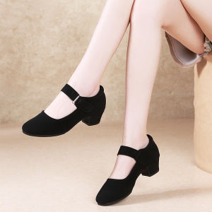 Square Dance Shoes Womens Medium Heel Soft Bottom Oxford Cloth Mom Dancing Shoes Adult Four Seasons Black Modern Social Dance Shoes
