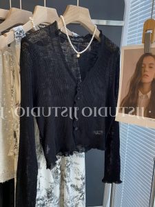 Black Lace Ice Silk Knitted Summer Shawl Womens Light Weight Cardigan Air Conditioning Top V-Neck Long Sleeve Button Style
