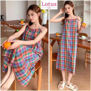 Lotus Đầm Babydoll Dáng Suông vải Kate 100% Cotton thoáng mát Đầm Kẻ Sọc Caro Màu Cầu Vồng Dễ Thương Đầm Hai Dây Buộc Nơ Vai Đầm Dáng Dài Form Rộng Đầm Mặc Nhà Váy 2 Dây Cho Nữ Đầm Maxi Đi Biển Du Lịch