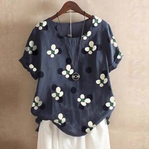 221Slimming Effectiveness Summer New Style Bohemian Cotton Linen Loose round Neck Short Sleeve Shirt Womens Top Fashionable Printing