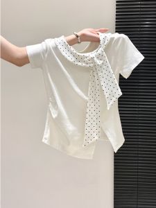 LUOSHAO | Dots Tied Neck Slim Fit T-Shirt Female