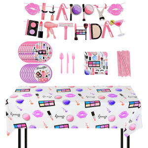 Makeup Party Disposable Tableware Set Lipstick Cosmetics Plates Cups Napkins Make Up Theme Birthday Baby Shower Party Decoration