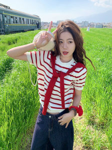 Poncho-style Red Stripes Knitted T-shirt Summer Wear
