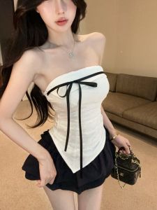 GUZILIAN | Bộ đồ hai mảnh màu đen kiểu Pháp thanh lịch có thắt nút bướm một bên vai váy chữ A váy midi váy ngắn váy dài