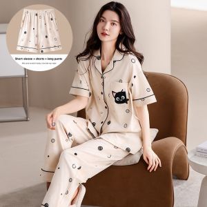 Miiow | Pure Cotton Summer Lightweight Short Sleeve Sleepwear Set For Women Home Clothes Three-Piece Suit Comfortable Breathable Casual Wear