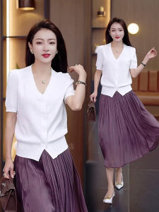 Womens High Waist A-Line Midi Skirt Knitted Short Sleeve T-Shirt Set Polyester Fiber Summer Fashion Ensemble Dream Westale