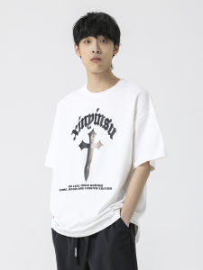 New Factors White American Letter Print Short Sleeve Mens T-shirt Summer New Heavyweight Loose Casual Trendy Top Cotton 100%