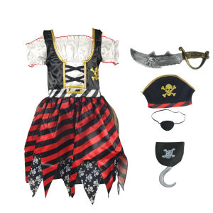 Disney | Girls Off Shoulder Pirate Halloween Dress Skull Print Red Black Striped Skirt For Kids Carnival Birthday Party Cosplay Outfit