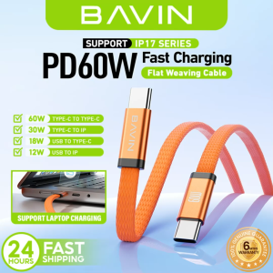 BAVIN CB421 1.2m 60W PD Fast Charging Flat Braided Type-C Cable for iPh 15–17 Series Tablets Laptops & Android