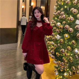 LEMON Christmas red annual meeting sisters velvet dress autumn and winter new temperament careful machine design dress medium skirt women