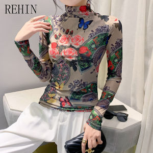 Rehin Áo Thun Dài Tay ashionable mới Áo cánh nữ lưới cổ cao thiết kế in hoa lá thanh lịch