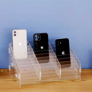 Convenient Mobile Phone Storage Box Tempered Glass Document Organizer Display Rack Multi Grid Trapezoidal Design Household Organizer