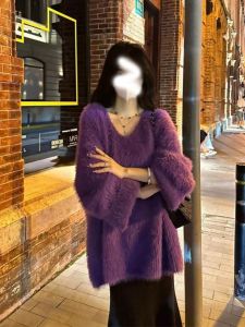 Autumn and Winter V-neck Loose Lazy Sweater Thickened Mink Velvet Coat Female Purple French Super Nice Western Style Top
