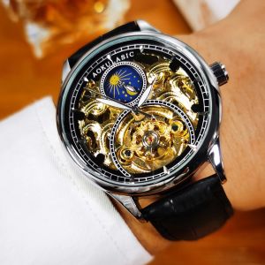 AOKULASIC Tourbillon Mens นาฬิกาแบรนด์หรู Skeleton นาฬิกากลไกอัตโนมัติ Casual สายหนัง Sun Phase ชายนาฬิกา