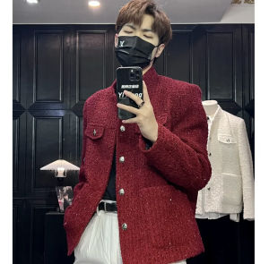 Mr. Hai Luxury Autumn Winter Mens Jacket Loose Fit Tweed Star Pattern Stand Collar Long Sleeve Korean Style Outerwear Coat