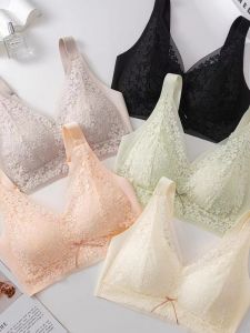 Seasonless Sports Bra Lace Edge Wireless Thin No Trace Underwear Gather Young Women U-Neck Nylon Fabric Plant Floral Pattern