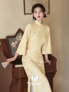 Áo Qipao Mới Mùa Xuân Phong Cách Trẻ Trung Cổ Tròn Đầy Đủ Ống Kéo Màu Vàng