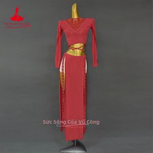 Bộ Trang Phục Múa Phương Đông Thanh Lịch Dành Cho Nữ Với Áo Dài Tay Và Chân Váy Xẻ Tà Chất Liệu Polyester Dệt Kim Lý Tưởng Cho Việc Luyện Tập Và Biểu Diễn Múa Bụng.