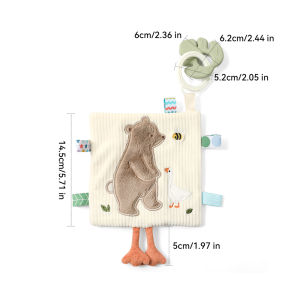 Bear Baby Security Blanket Multi Sensory Teether Crinkle Sound Press to Squeak Textured Ribbon Detachable Fine Motor Skill Gift